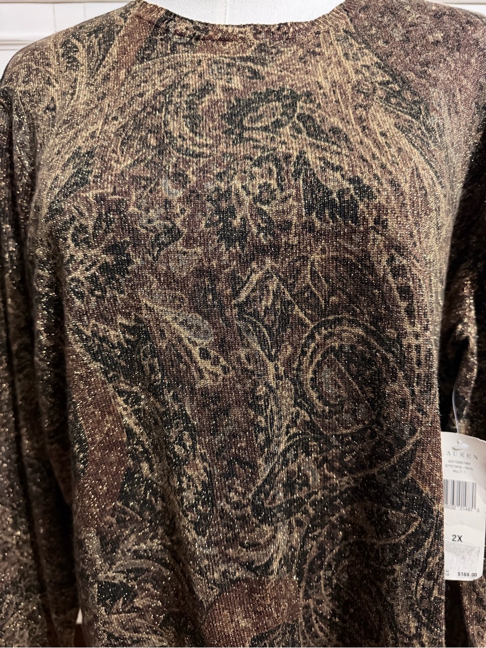 NWT Lauren Ralph Lauren 2X Metallic Paisley Long Sleeve Top - Picture 6 of 6
